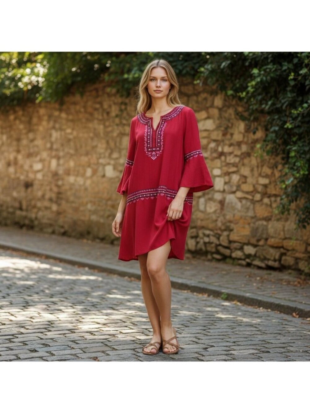 Ella Moon Womens Dress Size LG Embroidered Boho Swing 3/4 Bell Sleeve Slip 2 PC
